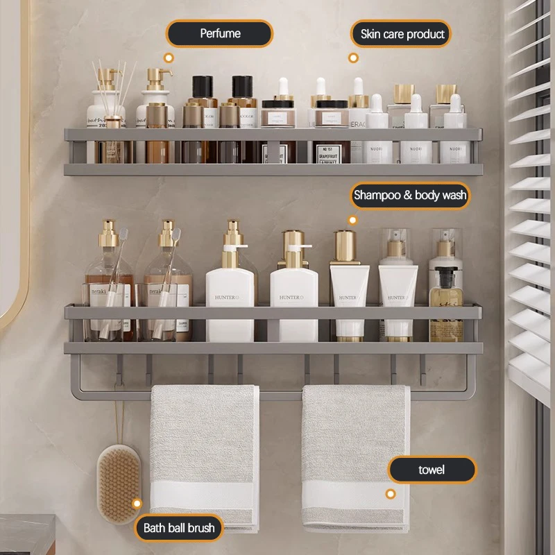 Bathroom Storage Rack Non Perforated Wall Mounted Towel Rack Bathroom Washbasin Cosmetics Storage Rack Wrought Iron Material 2