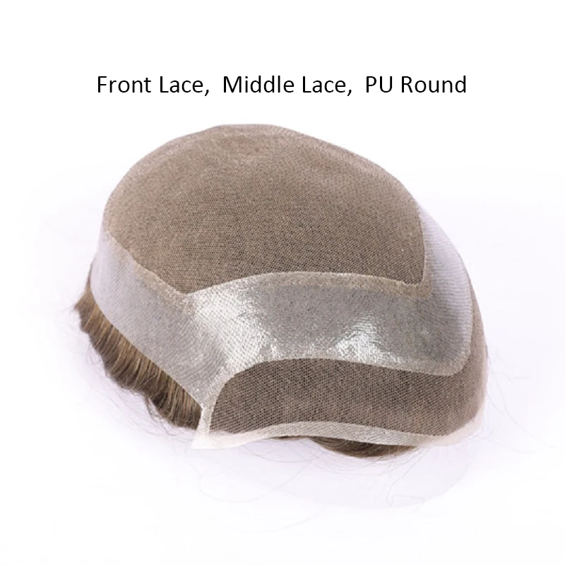 Parrucchino da uomo con pizzo frontale, in capelli umani, con nodi sbiancati, in pizzo PU, capelli indiani veri, per sostituzione, colore marrone naturale - immagine 2