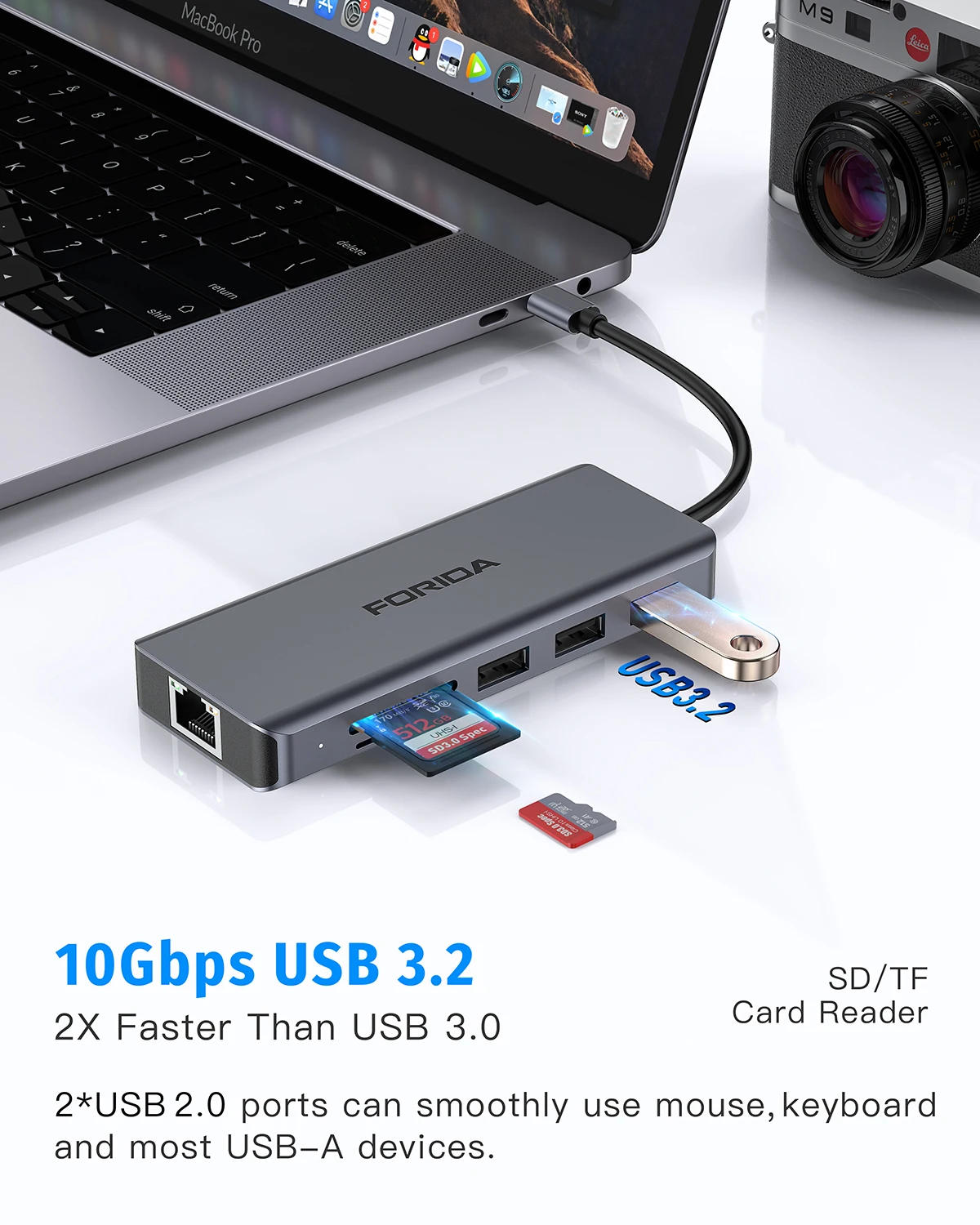 Forida USB Hub C 10Gbps Hub 9 IN 1 Docking Station RJ45 HDMI 4K30Hz 100PD Charging SD/TF Solt Adapter for Laptop Macbook 5