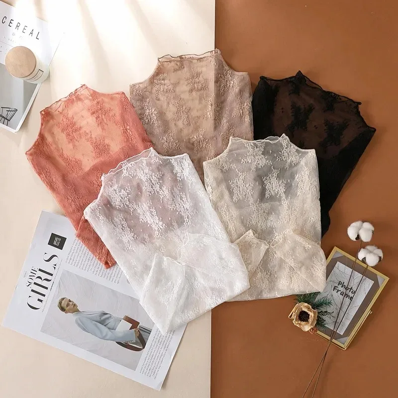 Chemise en dentelle florale pour femmes, manches longues, Sexy, chemises à bascule en maille, col montant, T-Shirt, pull, nouvelle collection printemps automne 1