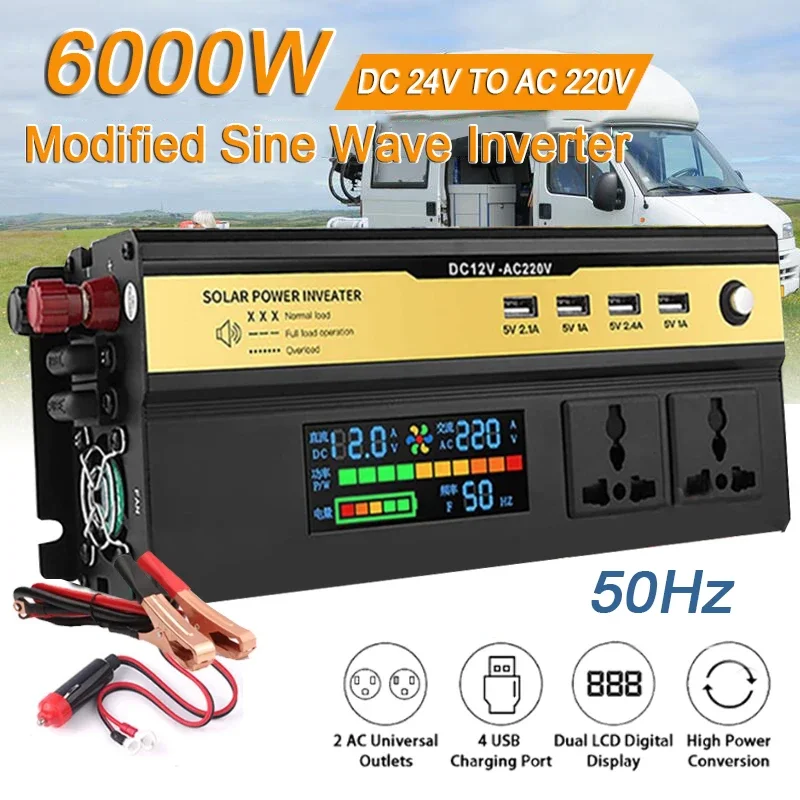 

6000W Solar Power Inverter DC 12V/24V To AC 220V Transformer with 4 USB Universal Socket Charger Modified Sine Wave Car Inverter