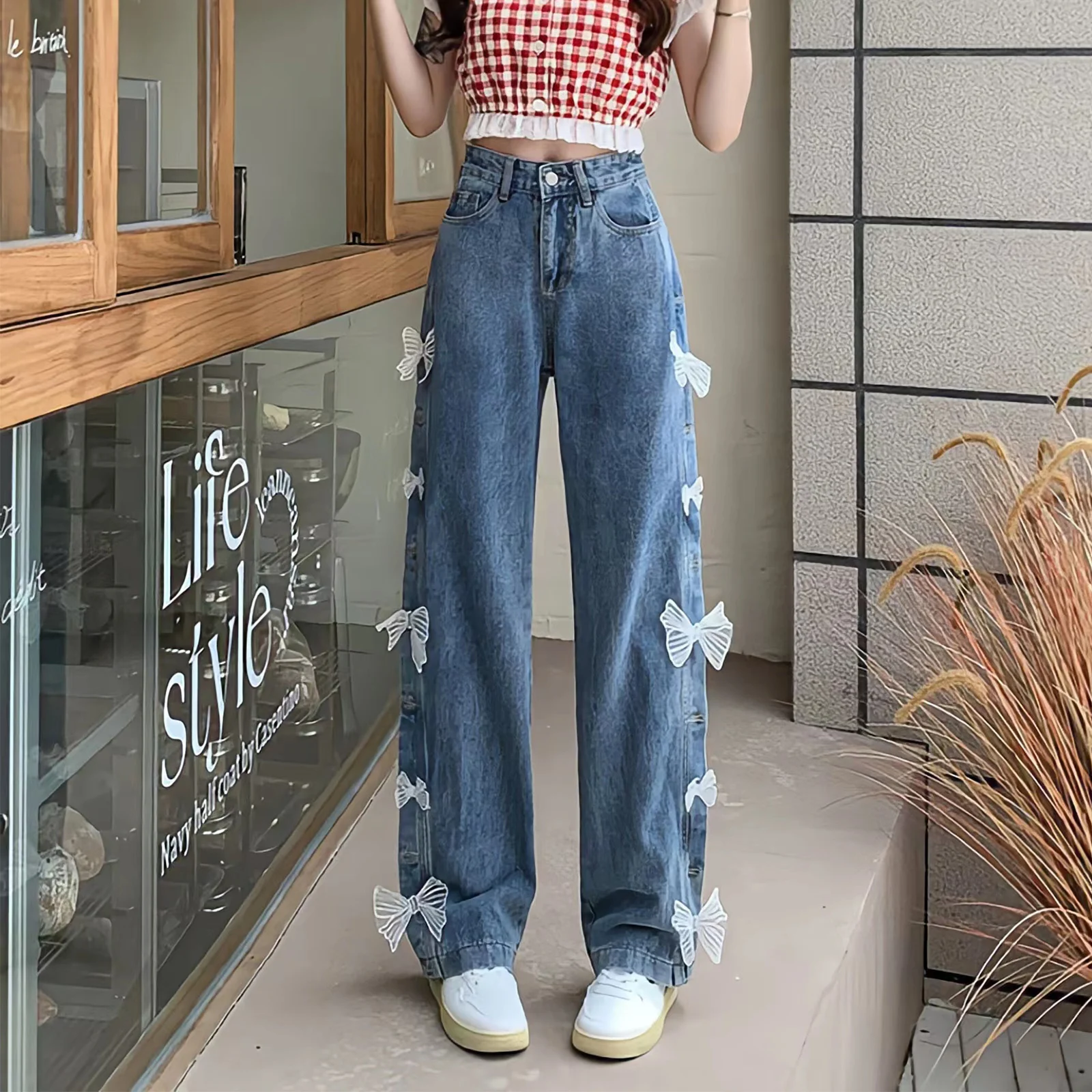 

New Korean Fashion Harajuku Streetwear Wide Leg Trousers Casual Sweet High Waist Lace Bow Loose Straight Denim Pants