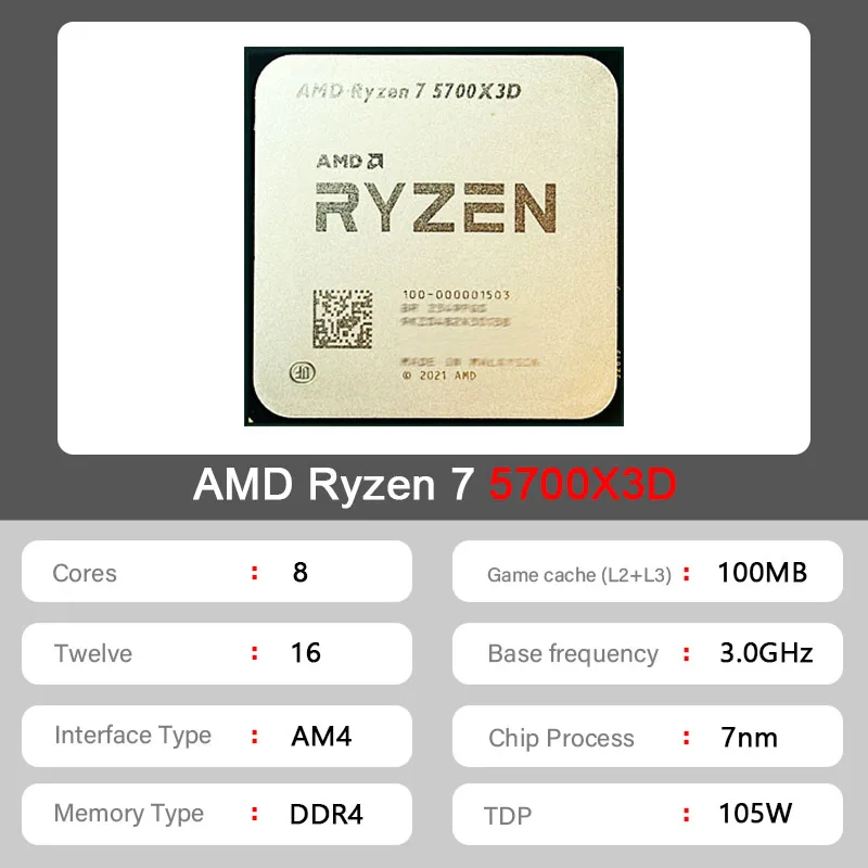 New AMD Ryzen 7 5700X3D R7 5700X3D 4.1 GHz 8-Core 16-Thread CPU