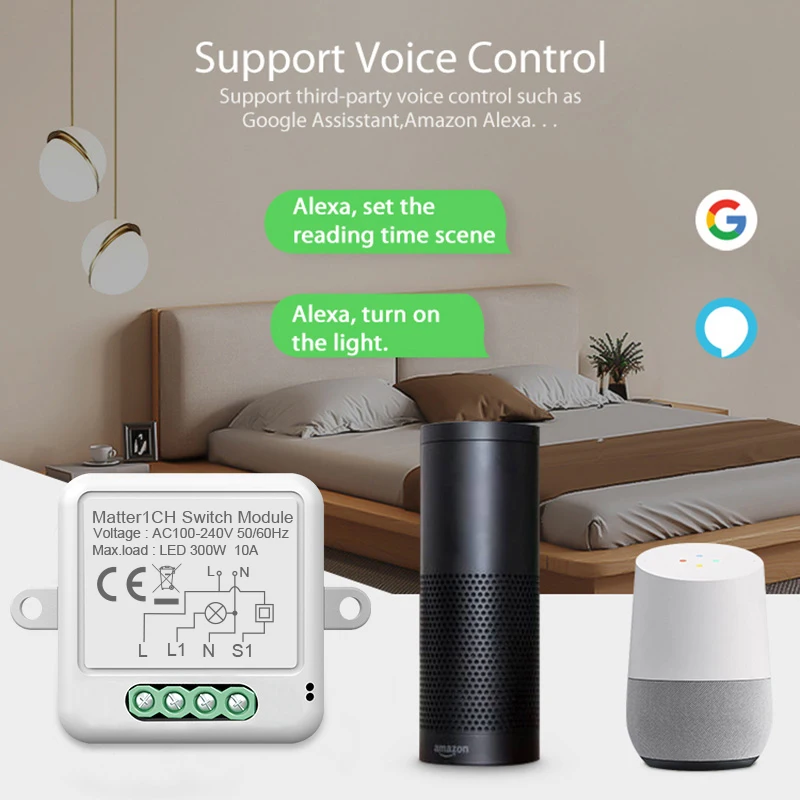 Matter WiFi Smart Switch Smart Home 10A Automation Light Switch Relay Module Works with Homekit Siri Alexa Google Home