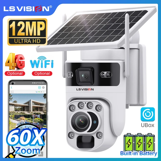 LS VISION 12MP 60X Zoom optique caméra de sécurité solaire extérieure 4G/WiFi double écran conversation bidirectionnelle suivi automatique caméra de vidéosurveillance Ubox App 1
