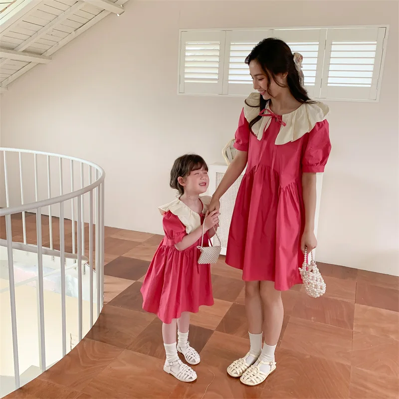 2022 Mother Daughter Parent-Child Dress for Girl Summer Short-sleeved Doll Collar Fashion Dress Family Matching Clothes Mom Baby