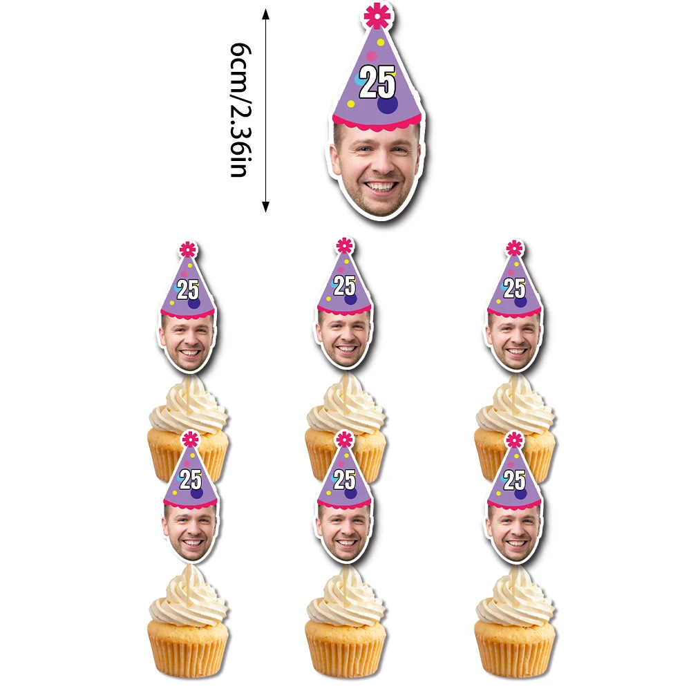 Personalisierter Geburtstagshut-Kuchenaufsatz mit Gesichts-/Altersmotiv, Partyhut-Musterdesign, geeignet für 20., 25., 30., 40. Geburtstagsfeiern – Detail 4