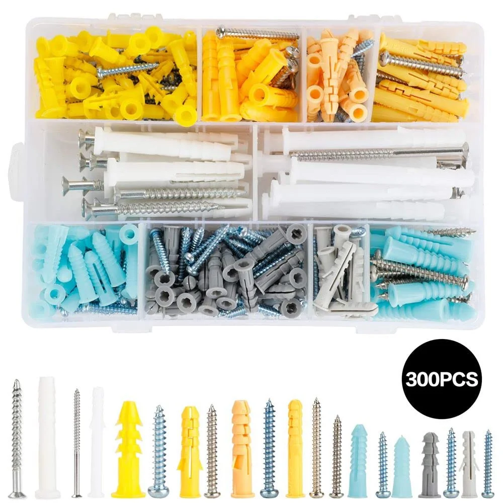 Trockenbau Anker und Schrauben Sortiment Kit 300 Stück, Kunststoff Wanda nker, Flach kopfs ch rauben und Wand stecker Schrauben mit Organizer Box – Detail 3