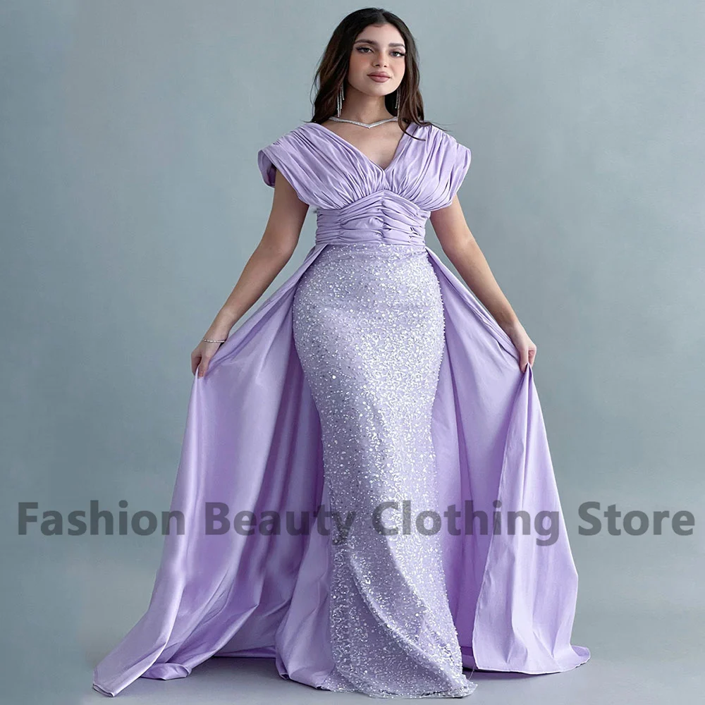 

Mermaid Purple Evening Dress Draped Satin V-Neck With Beading Back Zipper Saudi Arabian Women's Vestidos Para Mujer Gala 2023