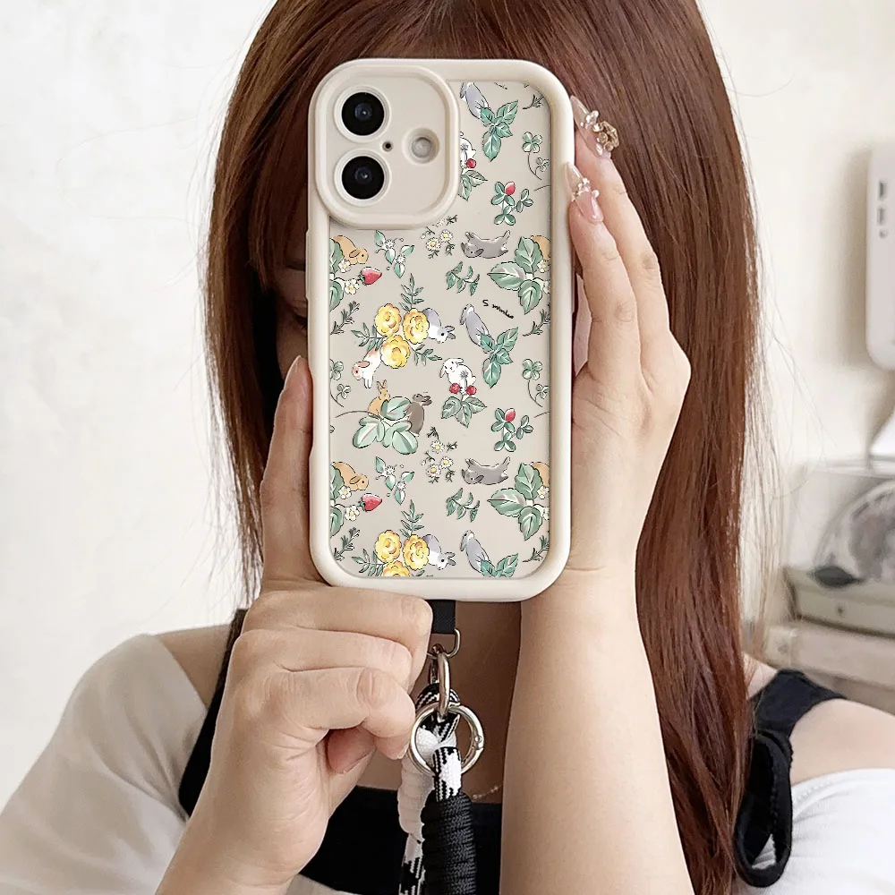 Floral Rabbit Phone Case with Wrist Chain Lanyard
