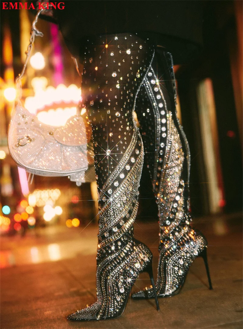 Sexy Women Black Crystal Embellished Over The Knee Boots Luxury