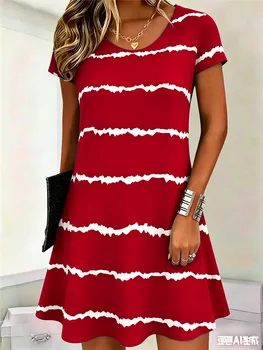 Women Fashion Striped Mini Dresses Summer Short Sleeve 3d Printed Street Ladies Dress 3XL Plus Size Loose Casual Dress