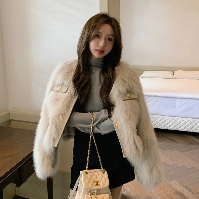 2023 New Women Faux Fox Fur Coat Female Short Temperamental Round Neck Solid Color Outwear Winter Thicken Thermal Casual Outcoat