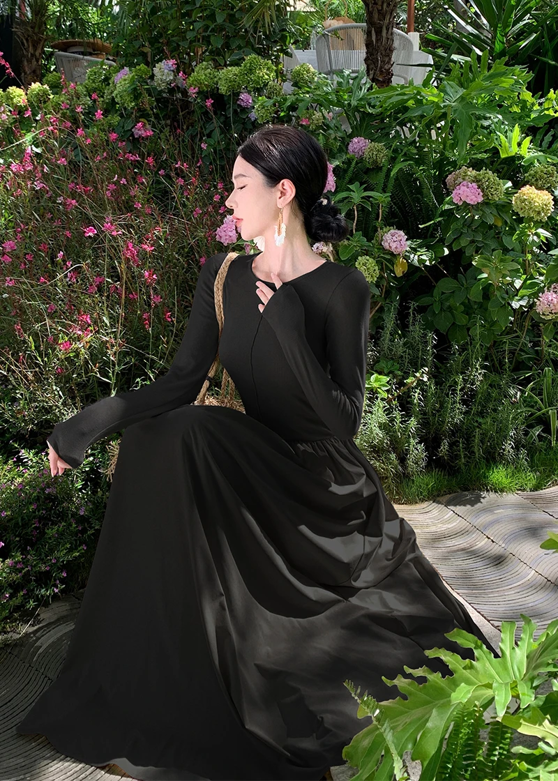 Vestidos largos informales de retazos para mujer, cuello redondo, mangas largas, corte en A, otoño primavera, moda coreana, vestidos de una pieza para mujer, nuevos