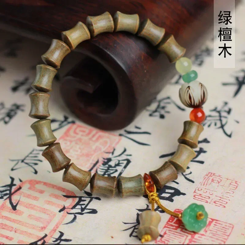 

Green sandalwood bamboo section jade lotus fragrance hand string 0.8×16 men and women's style literary decoration rosary jewelry