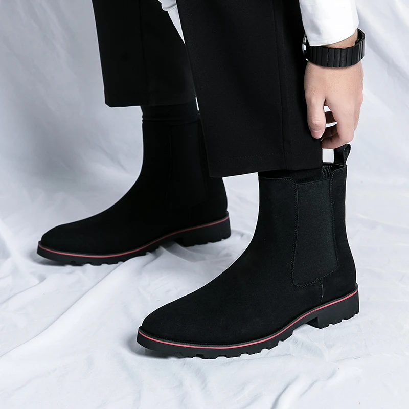 Winter Men's Luxury Suede Leather Chelsea Boots Fashion Dress Boots Men Elastic Band Ankle Handsome Male For Work