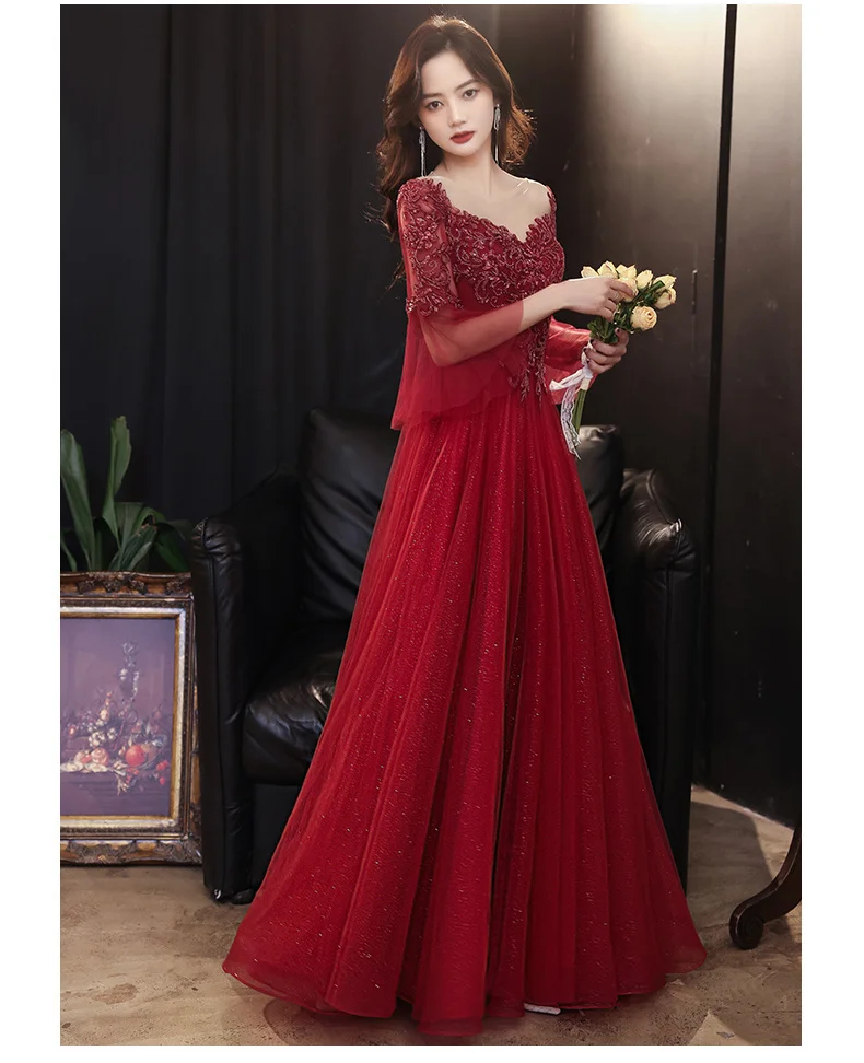 party gown Wine Red Evening Dresses For Wedding 2021 Elegant O-neck A-line Floor-length Tulle Long Sleeve Prom Gowns With Appliques black evening gowns