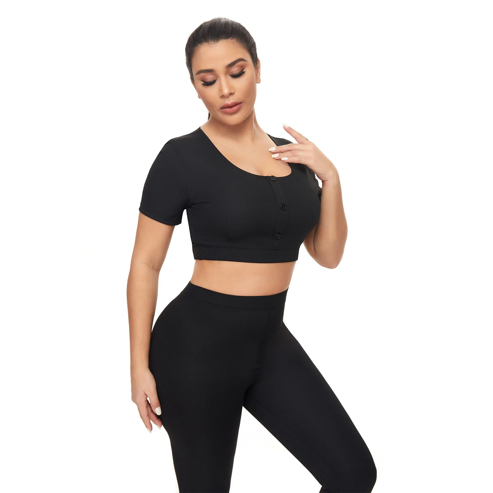 white leggings Knitted Fitness Crop Top Seamless High Waist Black Leggings Short Sleeve Button Yoga Shirt Sexy Butt Lifting Leggins Push Up capri leggings