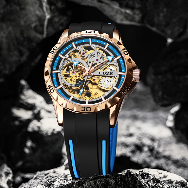 LIGE Brand Luxury Fashion Watch Silicone Strap Business Mechanical Watches for Men Waterproof Luminous Casual Clock Wristwatches