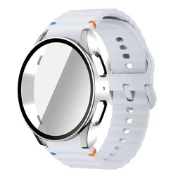 Enhanced Silicone Band and Bumper Case with Tempered Glass Screen Protector - Galaxy Watch 7 44mm (Light grey silver)