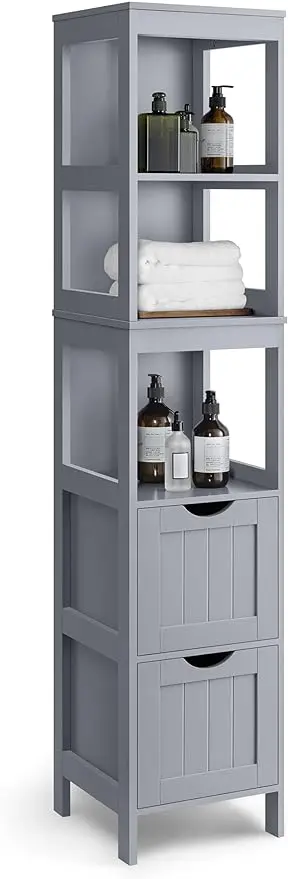 

VASAGLE Bathroom Floor Cabinet Bathroom Storage Organizer Rack Stand Multifunctional Corner Unit 2 Drawers Dove Grey