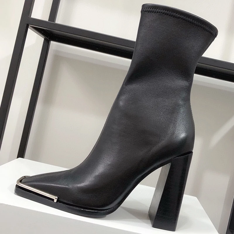 

Women Short Boots Spring Autumn Genuine Leather Upper Solid Color Square Head Female Boots Fashion Versatile High Heel Shoes