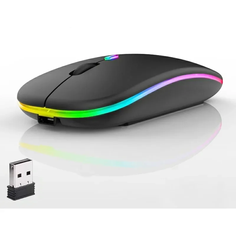 עכבר אלחוטי Bluetooth עבור מחשב נייד, מחשב נייד, אייפד וטאבלט עם תאורת רקע RGB, עכבר USB נטען ארגונומי