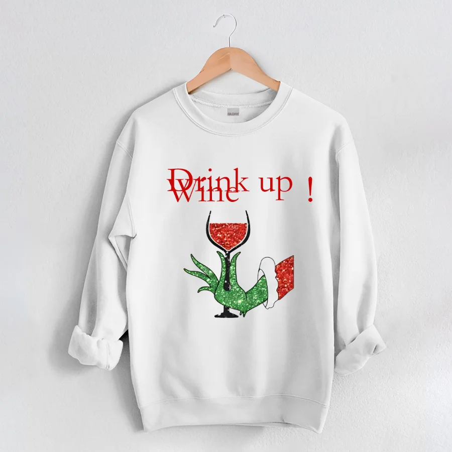 

Y2K Hoodies Christmas Drink Up Sweatshirt Fashion Graphic Round Neck Pollover Long Sleeve T Shirt Loose Pattern Tops Clothing