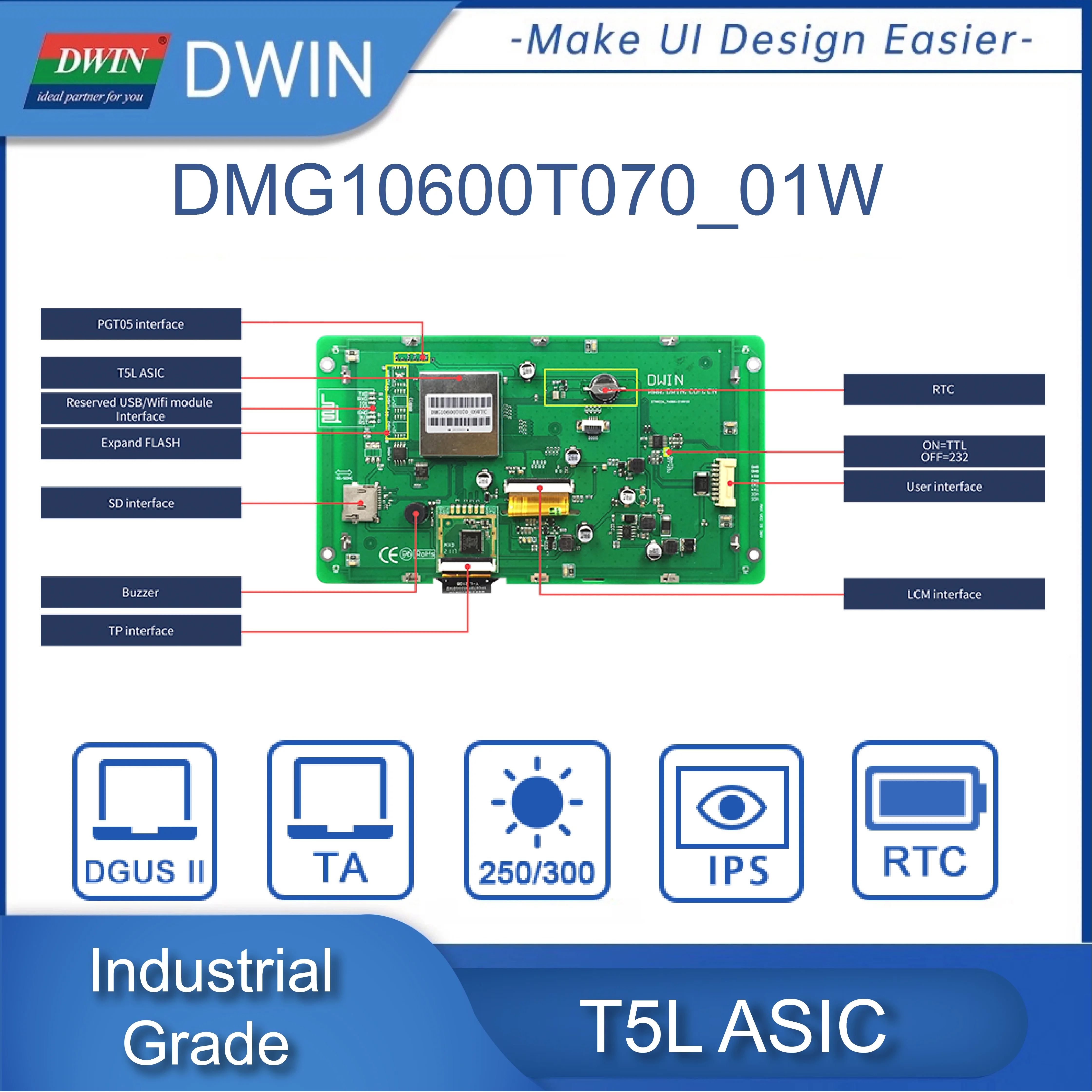 DWIN   ġ LCD ÷ ȭ , TTL RS232 UART  HMI, Arduino ESP32, 7 ġ, 800x480/1024x600