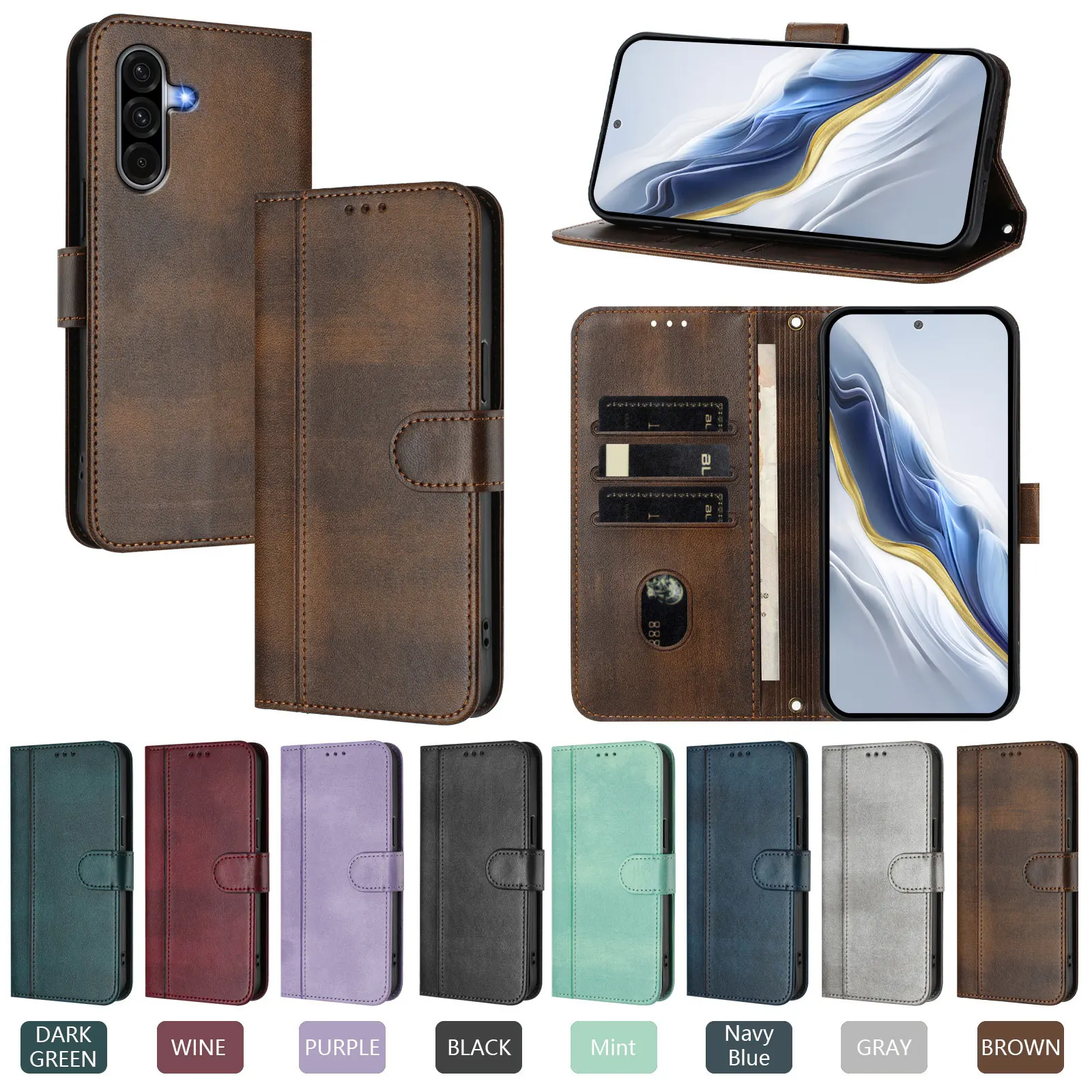 Vintage Leather Flip Phone Case with Magnetic Card Holder and Wallet Functionality