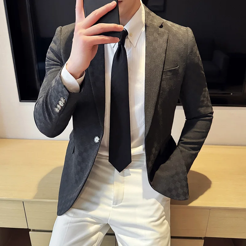 Spring Plaid Blazers Men Single Breasted Casual Business Suit Jacket Fashion Slim Social Banquet Wedding Groom Dress Coats