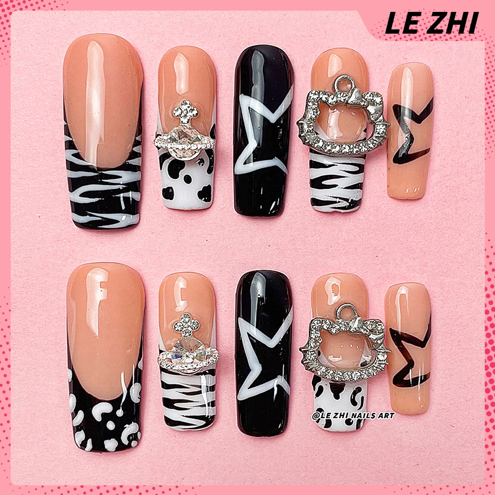 

Hand-painted Pentagram Hello Kitty XXL Long Square Nail Tips French Luxury Diamond Leopard Print Saturn Press on Nails Gift
