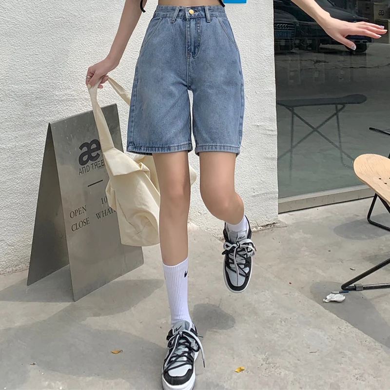 여성용 아메리칸 레트로 하이 웨이스트 데님 스트레이트 레그 청바지, 레이디 캐주얼 조거, 무릎 길이 바지, 여아 2000 년대 블루 와이드 레그 카프리