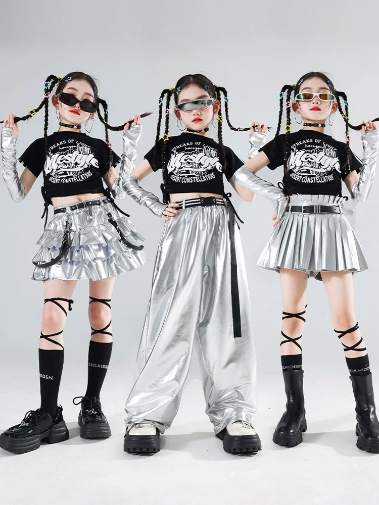 Girls Streetwear Hip Hop Crop Top Silver Cargo Pants Sequin