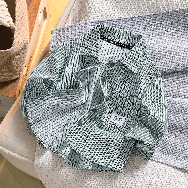 Stylish Children's Striped Shirt New Spring/Autumn Trendy Jacket Lapel Long Sleeve Streetwear For Boys Aged 10-16