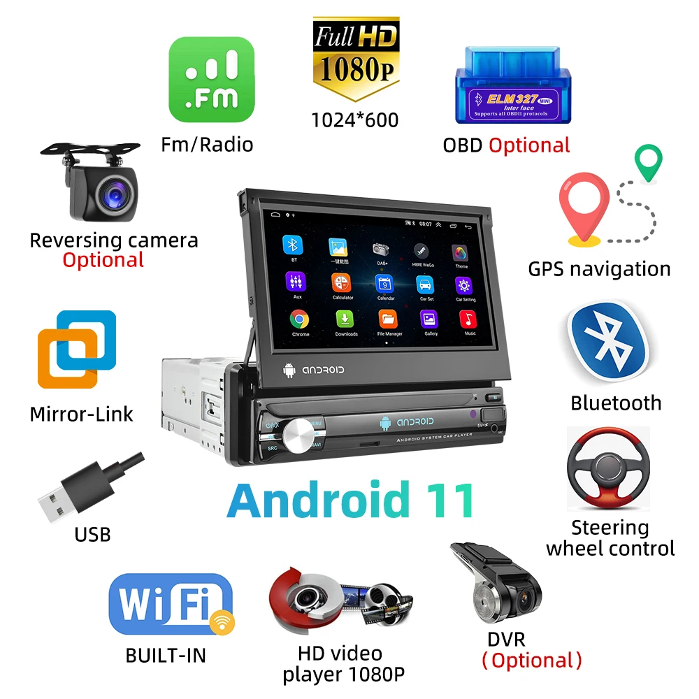Podofo-マルチメディアプレーヤーとGPSナビゲーター,1 din,格納 Podofo-マルチメディアプレーヤーとGPSナビゲーター,1 din,格納