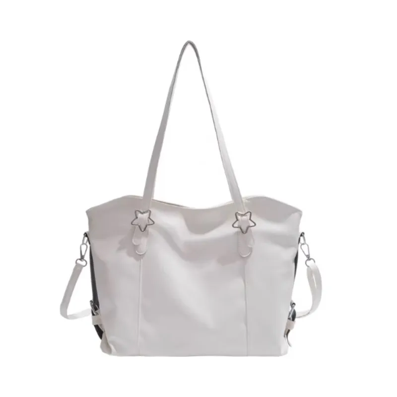 White Star Studded Tote Bag Women Leather Large Capacity Shoulder Bags Ladies Casual Versatile Commute Minimalist Crossbody Bag