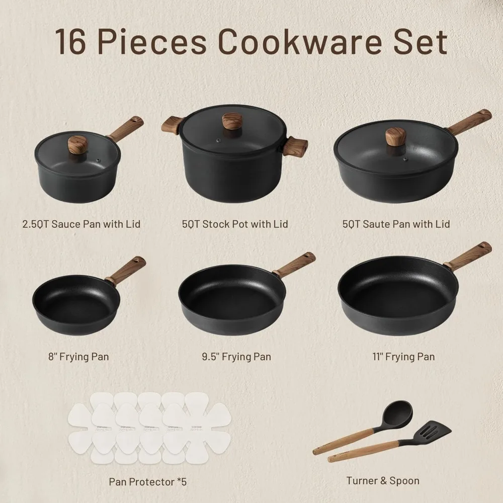 Nonstick Pots and Pans, Induction Cookware Set 16pcs Kitchen Cooking Sets, Pot and Pan Non Stick w/Frying pan (PFOS, PFOA Free)