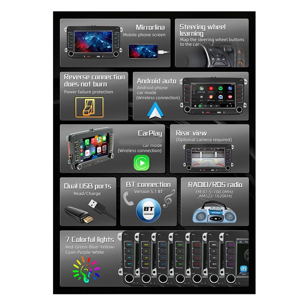 

Автомагнитола CarPlay, 7 дюймов, 2Din, Android, Bluetooth, MP5 плеер, 2USB, для VW Volkswagen/Golf Polo/PASSAT/Skoda