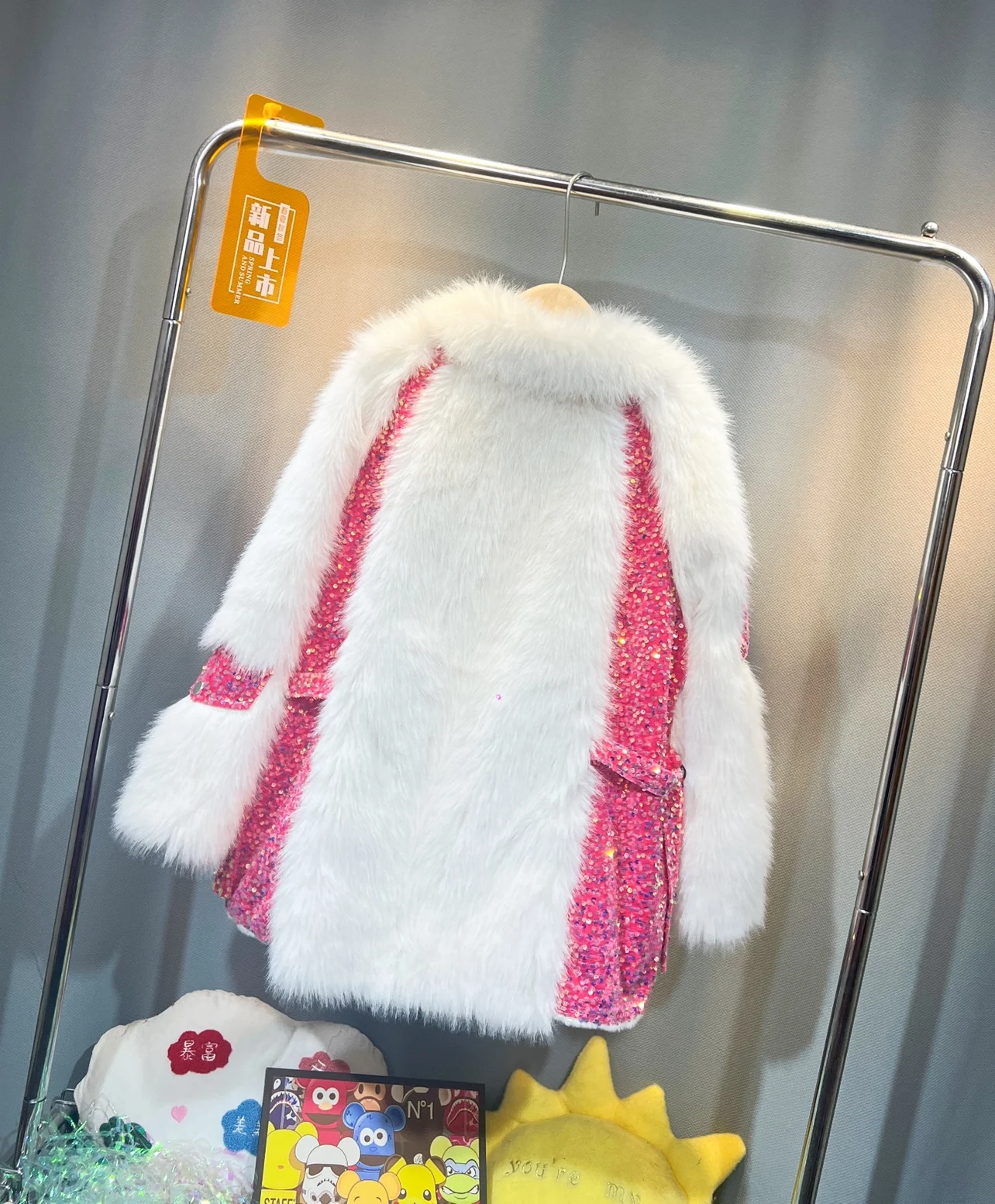 Shiny Sequins Piink Pockets Warm Fur Overcoat Women Winter Thikcen Outwear Mid-long Loose Colorblock Faux Fur Jacket Casual Coat