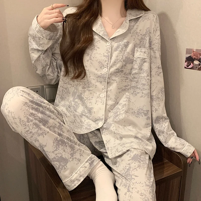 Frühling und Herbst Neue Damen-Pyjama-Sets im koreanischen Tuschendruck-Stil aus Eisseide – Homewear-Set für Mädchen mit edlem Design – Detail 11
