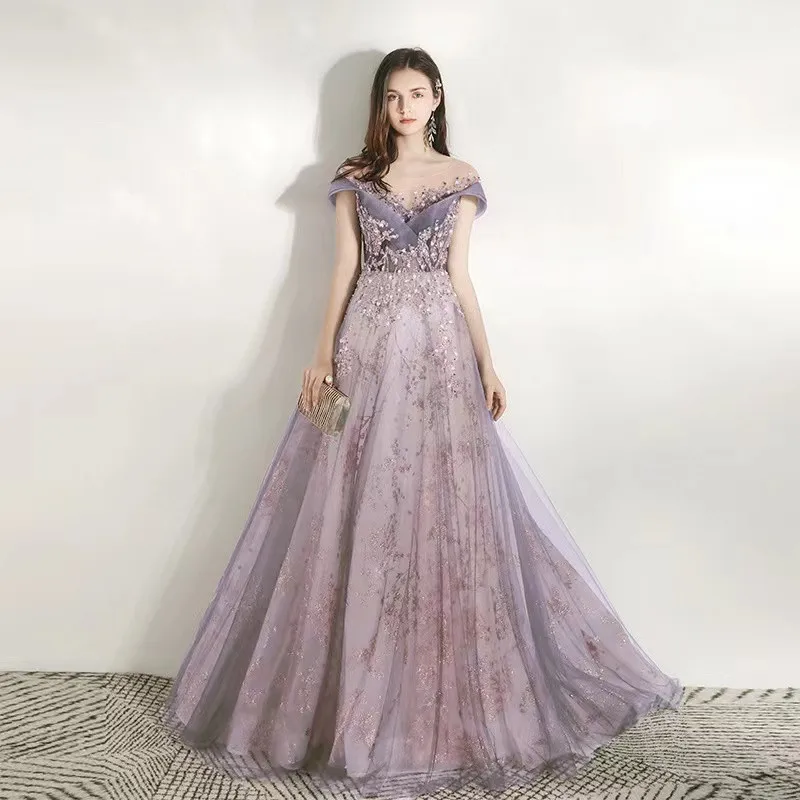 Luxury Prom Dress Off Shoulder A-Line Beading Exquisite Sequins Illusion Scoop Neck Gray Spray Gold Tulle Ceremony Evening Gowns