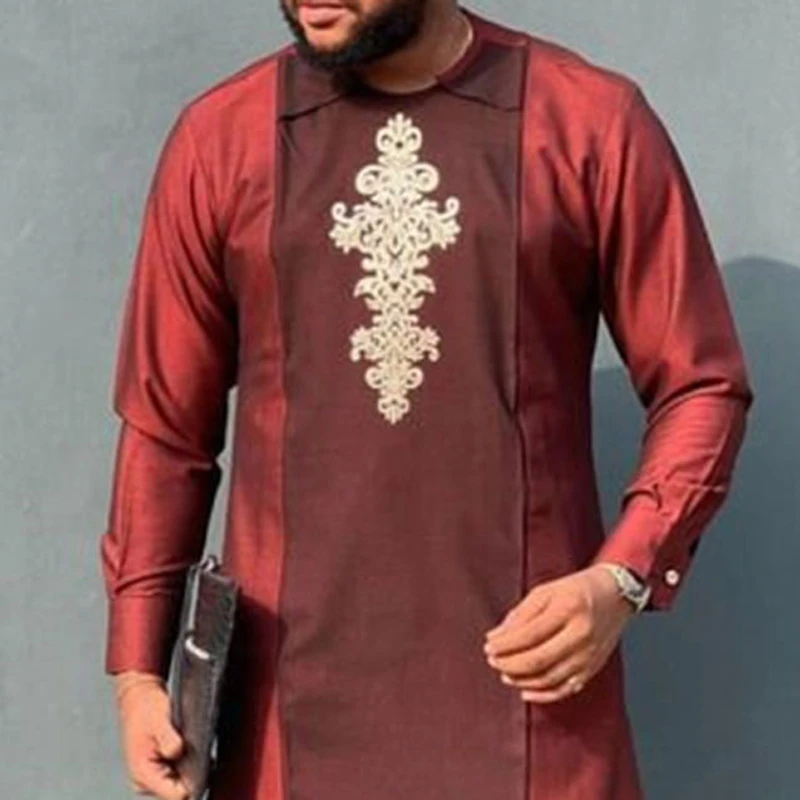 Full Sleeve Men Set African Traditional Dashki Kanga Clothing Shirt Trousers Set Bazin Rich Ethnic Sets Red Plus Size 2022 New african traditional clothing