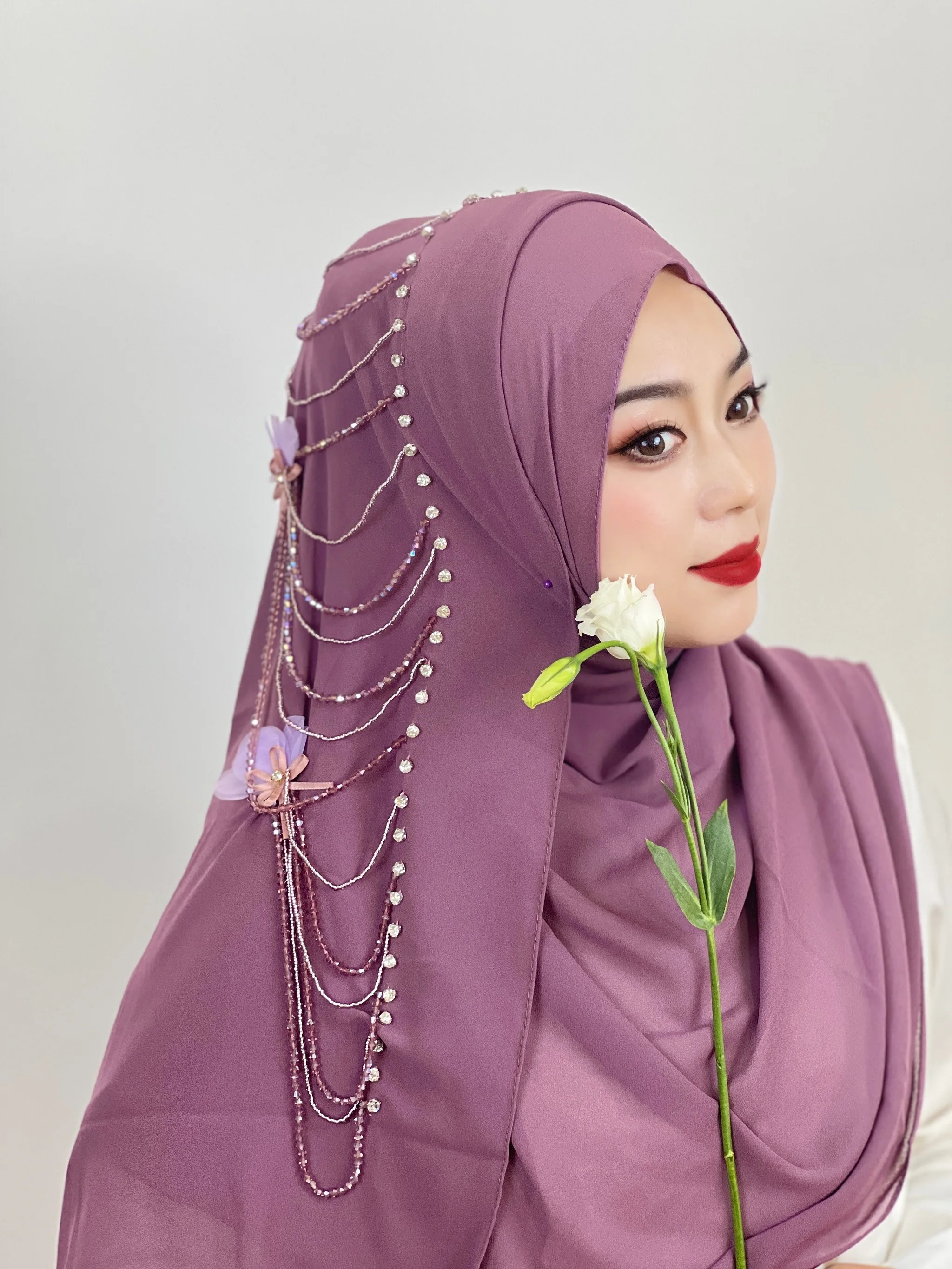 Muslim Beaded Tassel Hijab Solid Color Hijab Flower Arab Hijab Women Hijab Shiny Soft Easy To