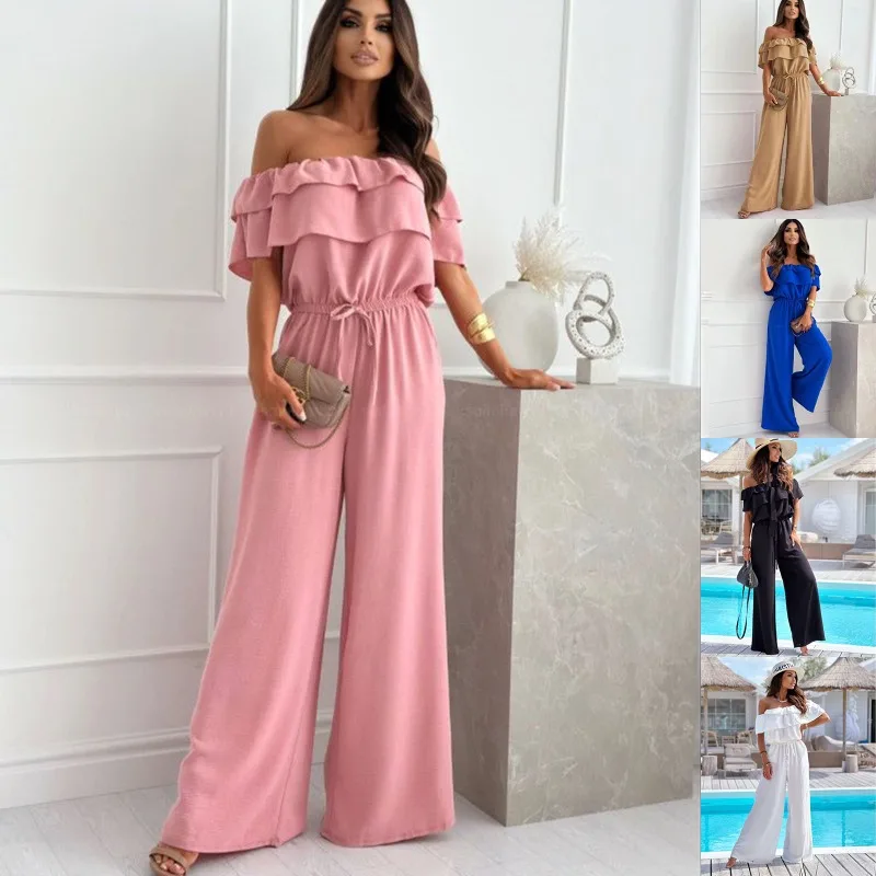 Women's New Sexy Fashion Leisure Commuter Vacation Style Loose Street Head Style One Line Neck Solid Color Jumpsuit