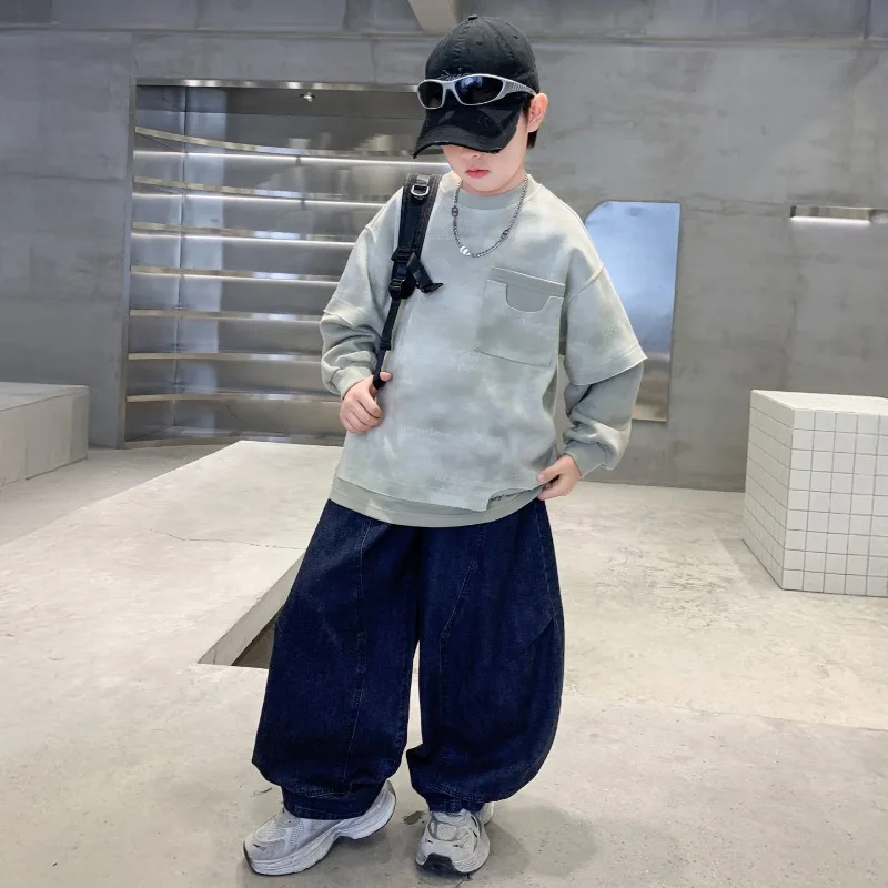 Kinderkleidung Coole Jungen Frühling Herbst Langarm-Sweatshirt und Weit geschnittene Jeans Tägliches Streetwear-Set 2026