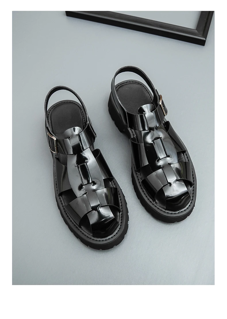 4.5Cm Thick Sole Heightening Sandals Men's Glossy Cowhide Buckle Business Casual British Genuine Leather Summer Sandals for Men