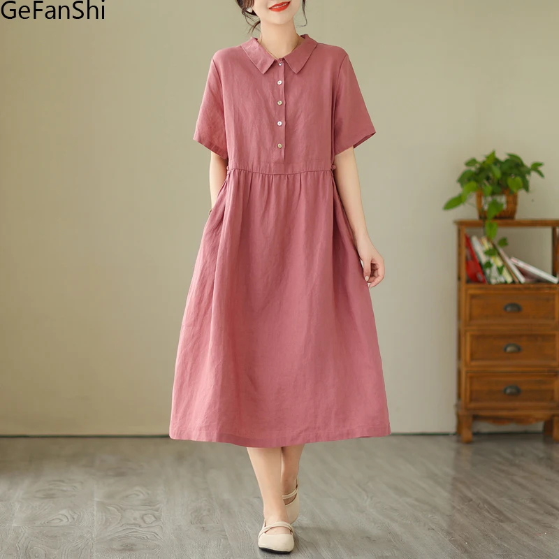 

New Summer Vintage Turn-Down Collar Solid Holiday Dresses Women Casual Loose Cotton Linen Dress Elegant Vestidos Robe Femme