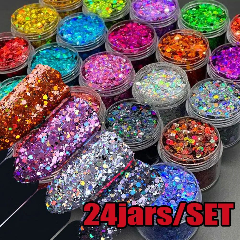24 Colors Iridescent Nail Art Glitter Sequins Set Net-5g Holographic Colorful Sparkly Hexagon Flakes's Bottled Nail Sequins nail glitter nail decoration nail decorations nail flakes