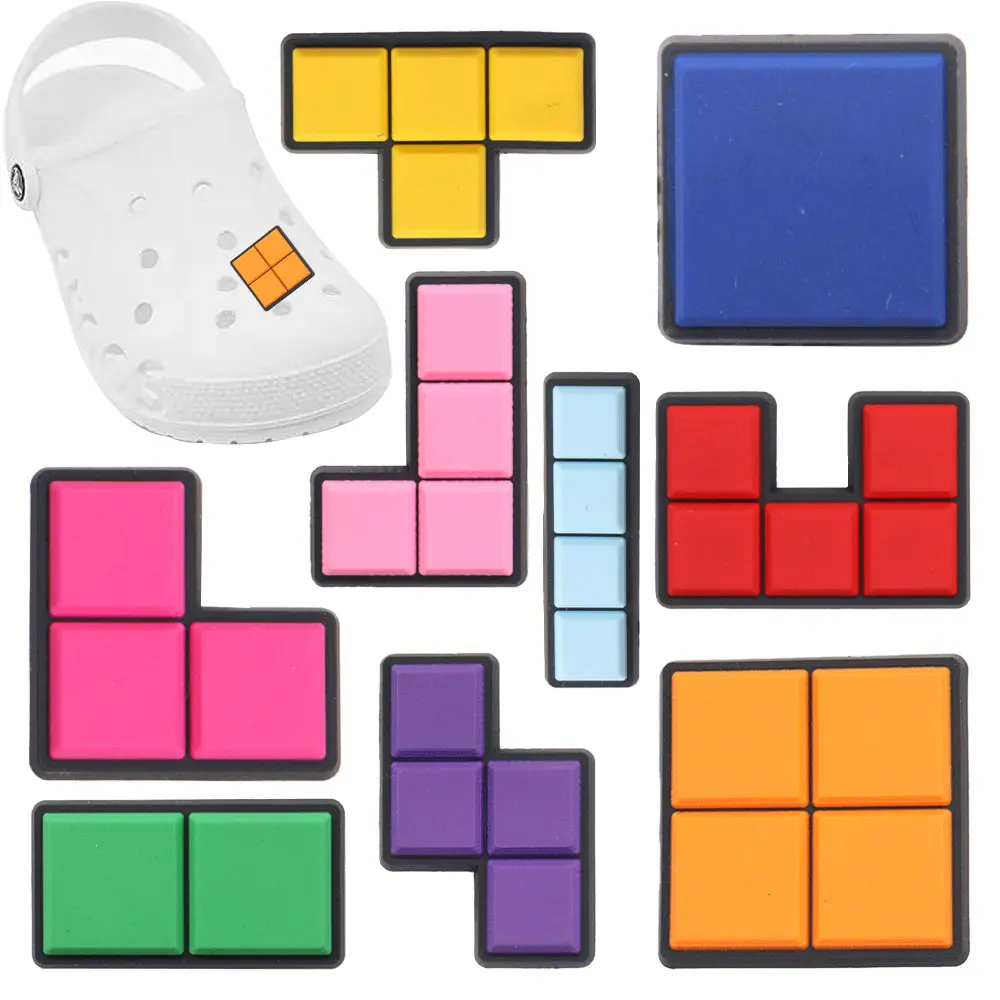 

1-9Pcs Bright Colorful Squares Children PVC Shoe Charms Clog Popular Game Sandals Decorations Fit Croc Jibz Holiday Gift